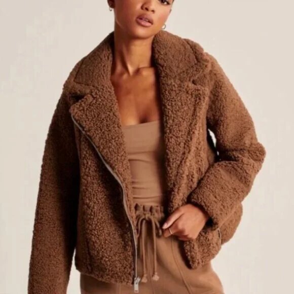 Abercrombie & Fitch Tan Sherpa Motorcycle Jacket Size S - Picture 1 of 15